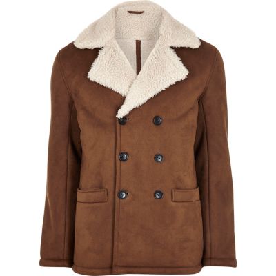 Brown double breasted borg collar pea coat